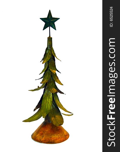 A metallic Christmas Tree on a Wooden Stand. A metallic Christmas Tree on a Wooden Stand