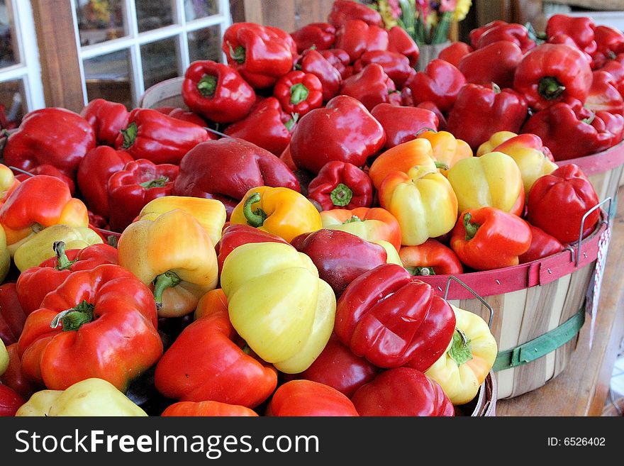 Colorful Peppers in baskets at a road side market