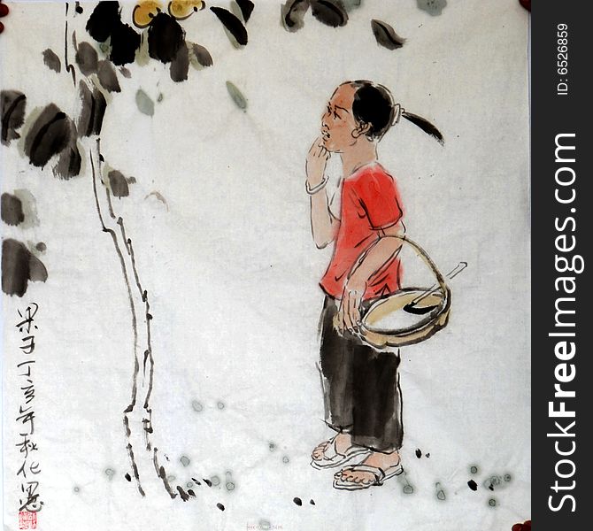 Chinese painting with the way the performance of girls. Chinese painting with the way the performance of girls
