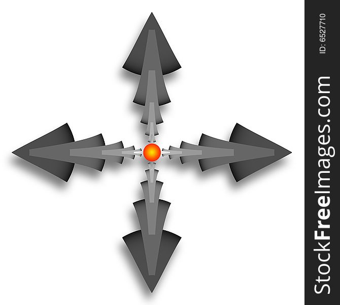 An abstract fractal illustration in the shape of gray arrows pointing out from a central square.