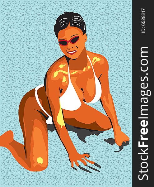 Vector illustration of a young girl in bikini on the beach. Vector illustration of a young girl in bikini on the beach