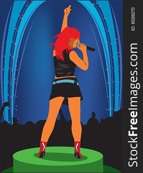 Vector Illustration of a young girl holding a microphone and singing on her concert