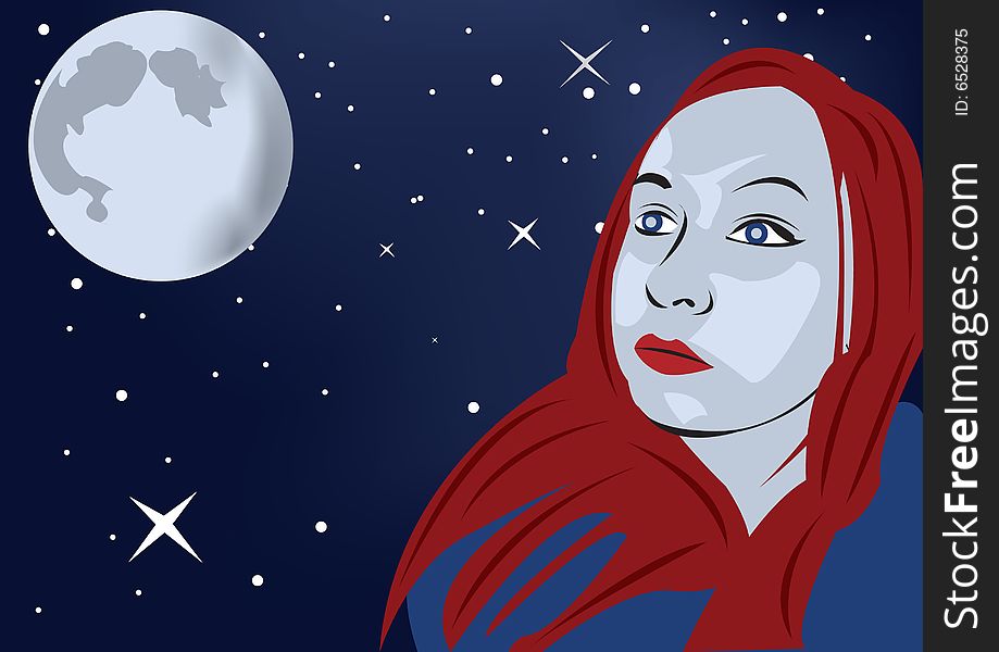 Vector illustration of young women looking at the moon