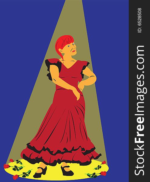 Vector illustration of female dancer dressed in red on blue background