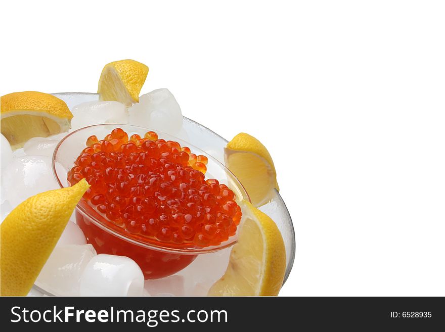 Red caviar on ice, with background