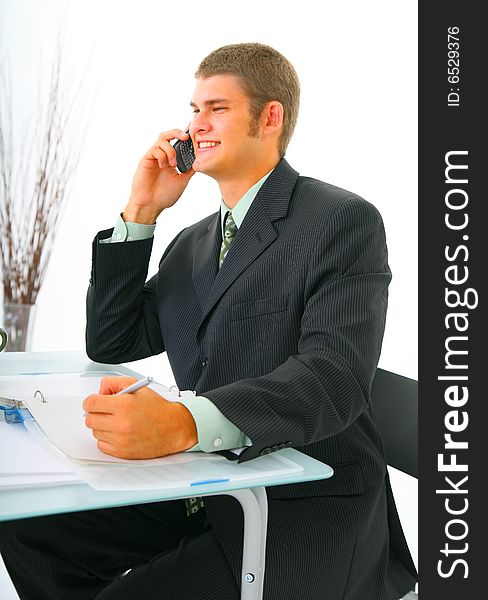 Close up of happy businessman talking on the phone. concept for success and business. Close up of happy businessman talking on the phone. concept for success and business