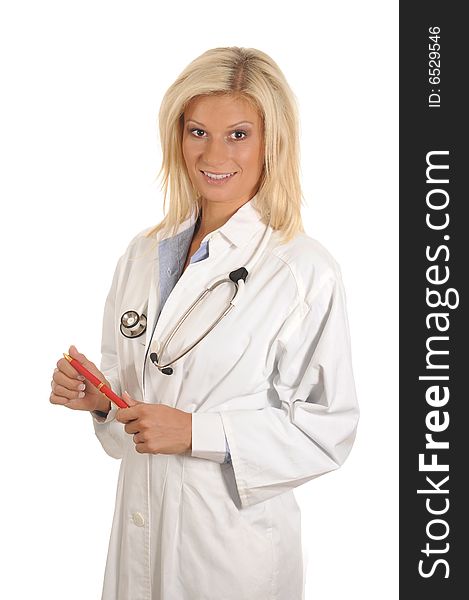 Confident female doctor with stethoscope.Isolated over white.