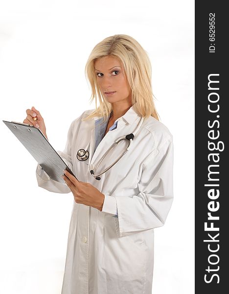 Confident female doctor with stethoscope.Isolated over white.