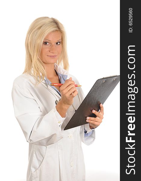 Confident female doctor with stethoscope.Isolated over white.