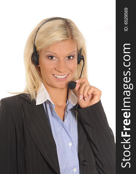 Young business woman using a headset.Isolated over white.