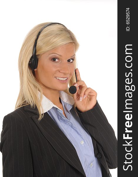 Young business woman using a headset.Isolated over white.