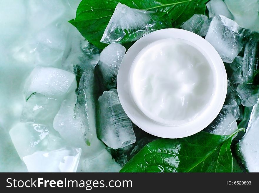 A jar of a cosmetic cream with fresh green leaves and pieces of ice. Beauty concept. A jar of a cosmetic cream with fresh green leaves and pieces of ice. Beauty concept.