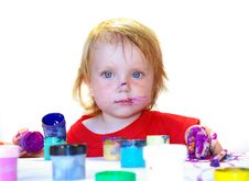Little Girl Draws Isolated On White Stock Photos
