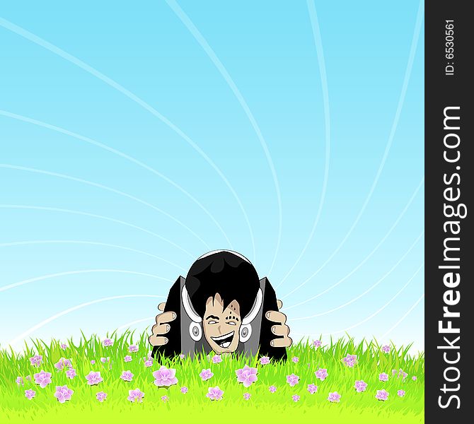 Vector illustration of a smiling deejay young boy listening to music in a beautiful pink flowers meadow. Vector illustration of a smiling deejay young boy listening to music in a beautiful pink flowers meadow.