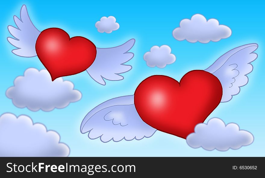 Red hearts with blue wings on blue sky - color illustration. Red hearts with blue wings on blue sky - color illustration.