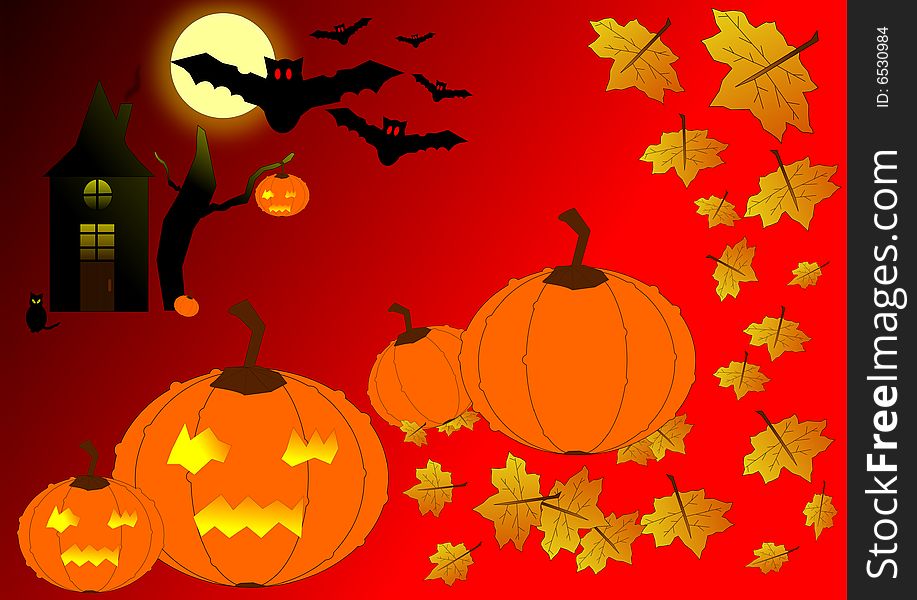 Autumn leaves with Halloween pumpkins, bats, cat, house with fool moon and bare tree