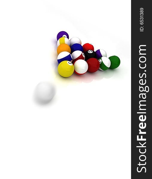 A group of pool balls and moving cue ball isolated on a white background