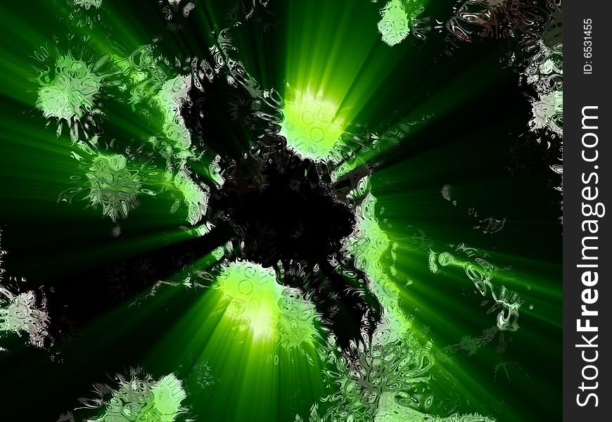 Distorted unknown fantasy micro aliens in dark background with greenb shines