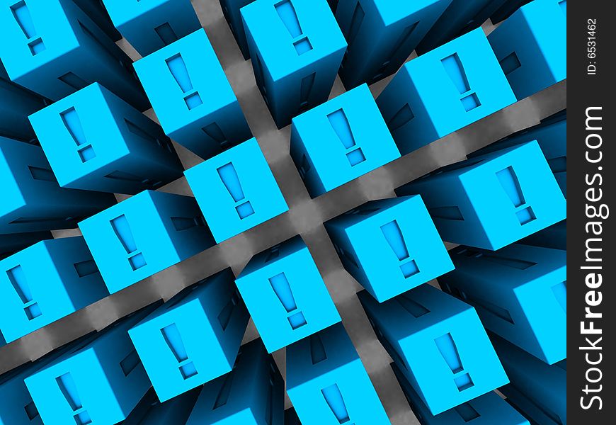 Lots of computer generated blue cubes with ! symbol. Lots of computer generated blue cubes with ! symbol