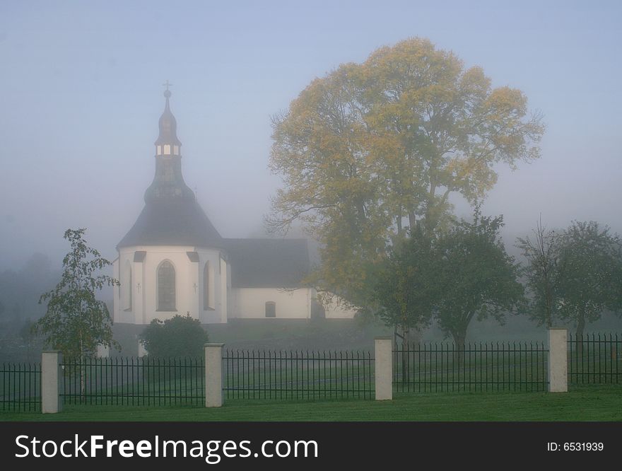 Swedish country church near Stockholm in fog. Swedish country church near Stockholm in fog