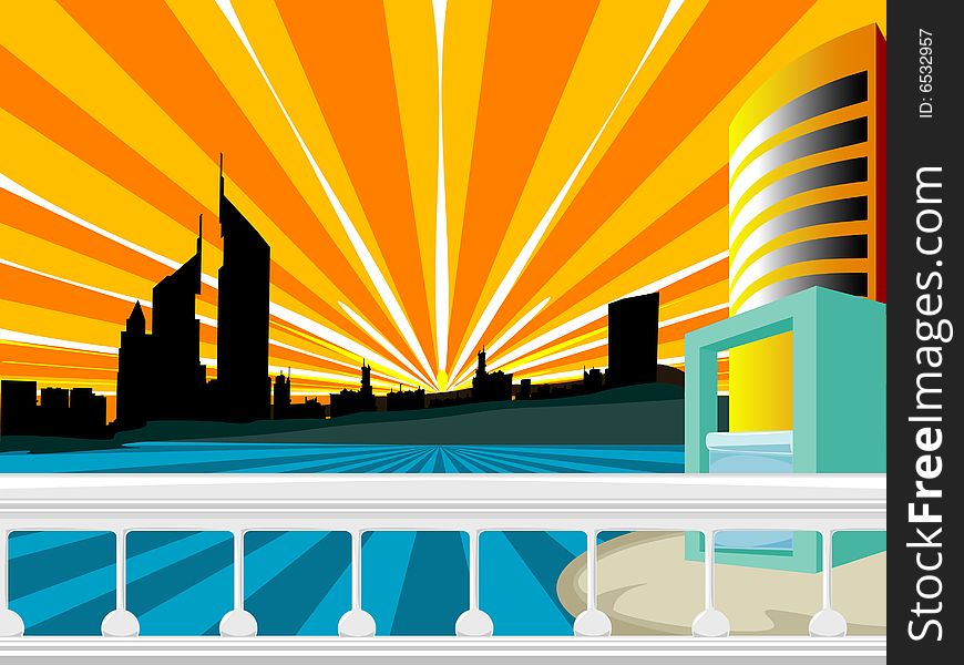 Sunrise in modern city illustration