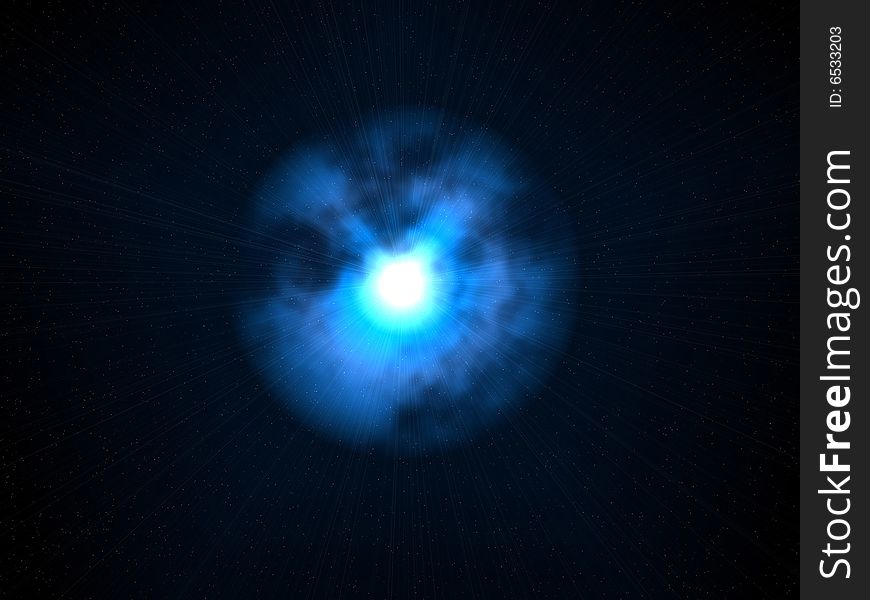 Very bright alien star with blue glows in black background