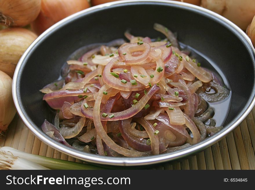 A fresh soup of onions in a pan