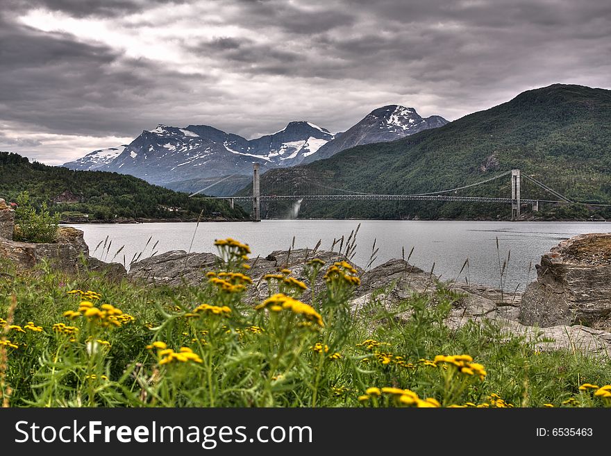 View over bridge and mountains in Norway