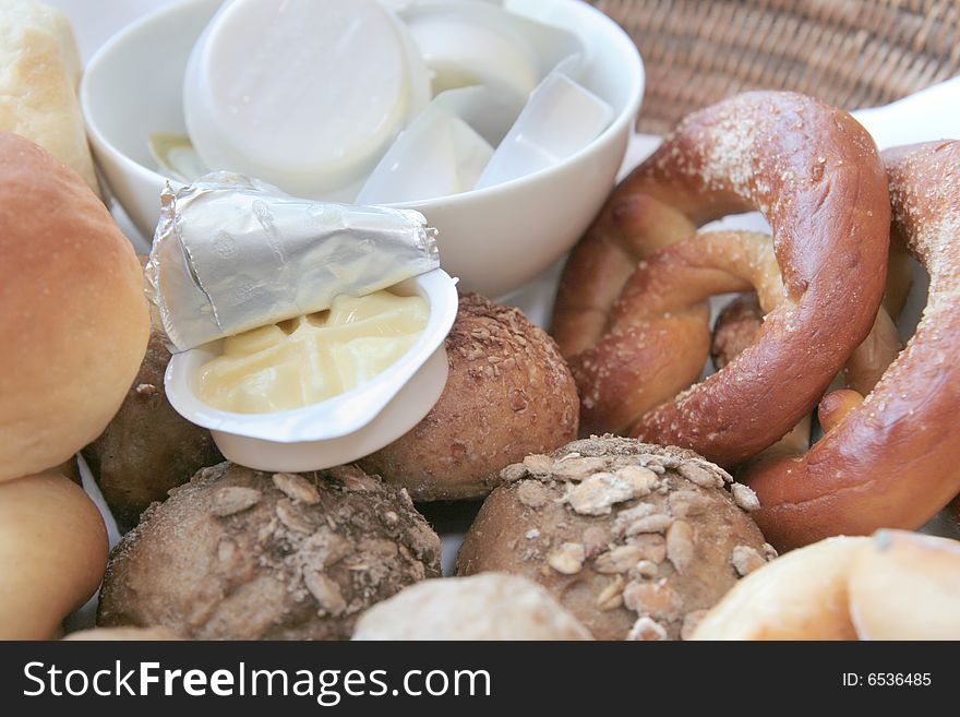 Breads basket with butter portion. Breads basket with butter portion