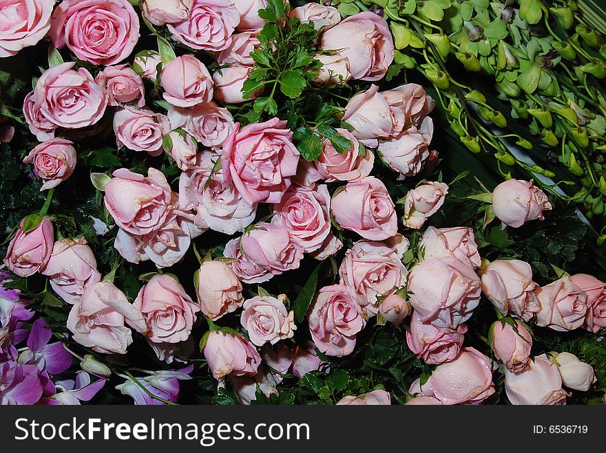 Flower decoration with pink roses and drops of water