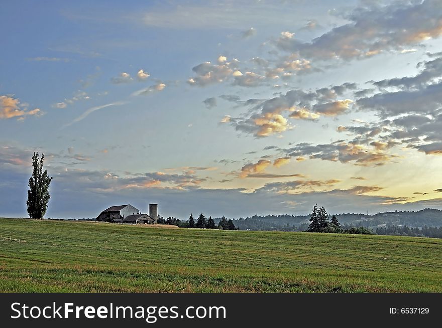 Old barn in the green field in dawn