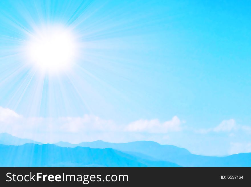 Bright sunbeams illuminate beautiful cloud on blue sky