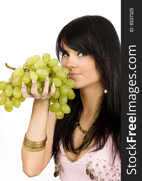 Brunette With Black Grapes