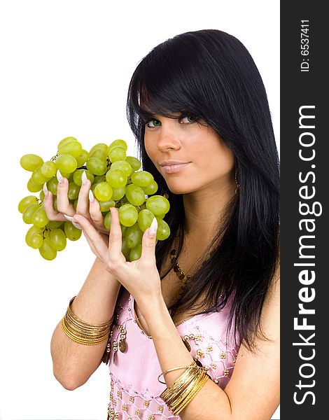 Brunette With Green Grapes