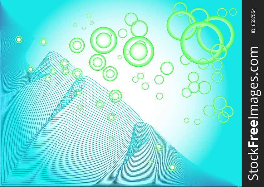 Abstract background. Blue wave and green circles.