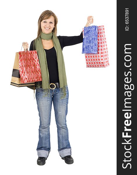 Happy girl holding shopping bags, isolated, on white background