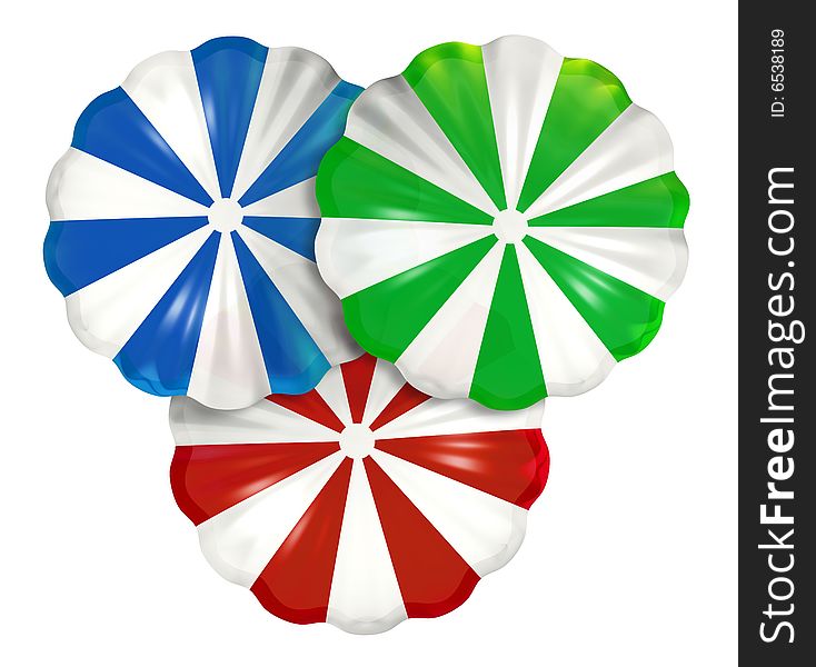 Three opened parachutes- red, green, and blue- isolated on white. Three opened parachutes- red, green, and blue- isolated on white.