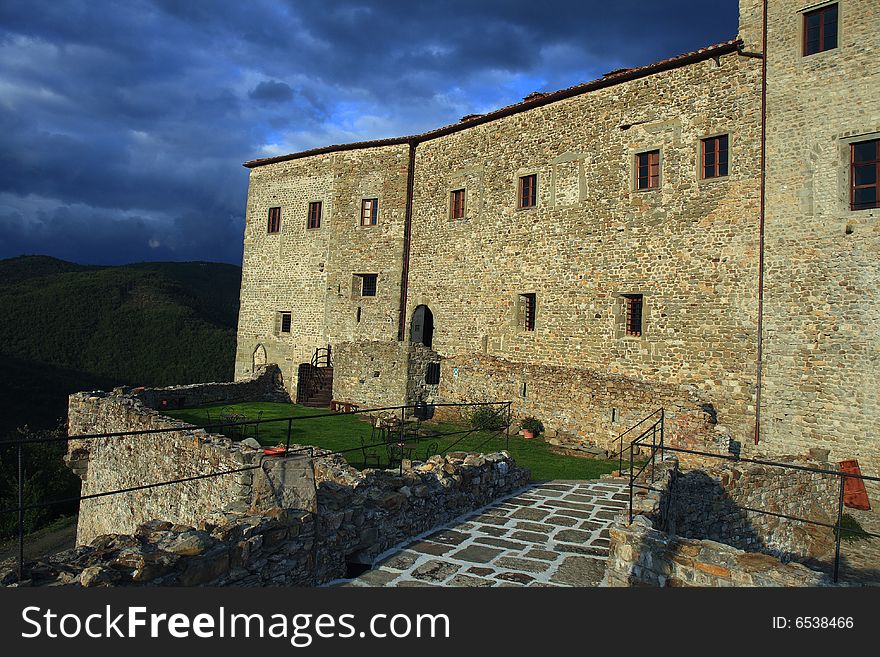 Big castle with two tower in italy with blue sky. Big castle with two tower in italy with blue sky