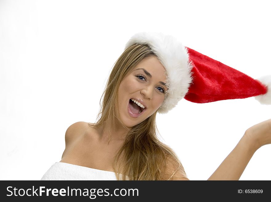 A posing smiling model with santa cap