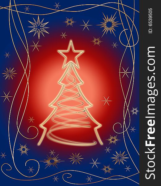 Golden 3d christmas tree with gold stars, snowflakes and ornaments over red blue background. Golden 3d christmas tree with gold stars, snowflakes and ornaments over red blue background