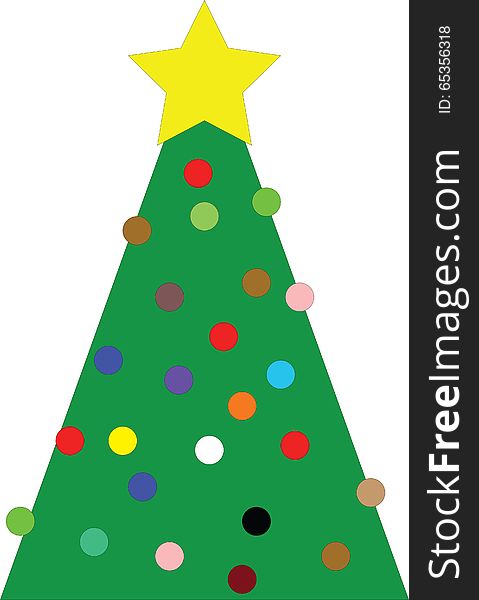 Christmas tree with yellow star and many colored globes, Vectorl Illustration