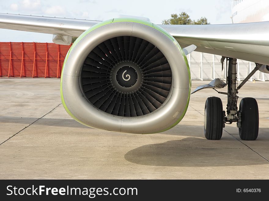 The turbine of the jet airplane. Close-up.