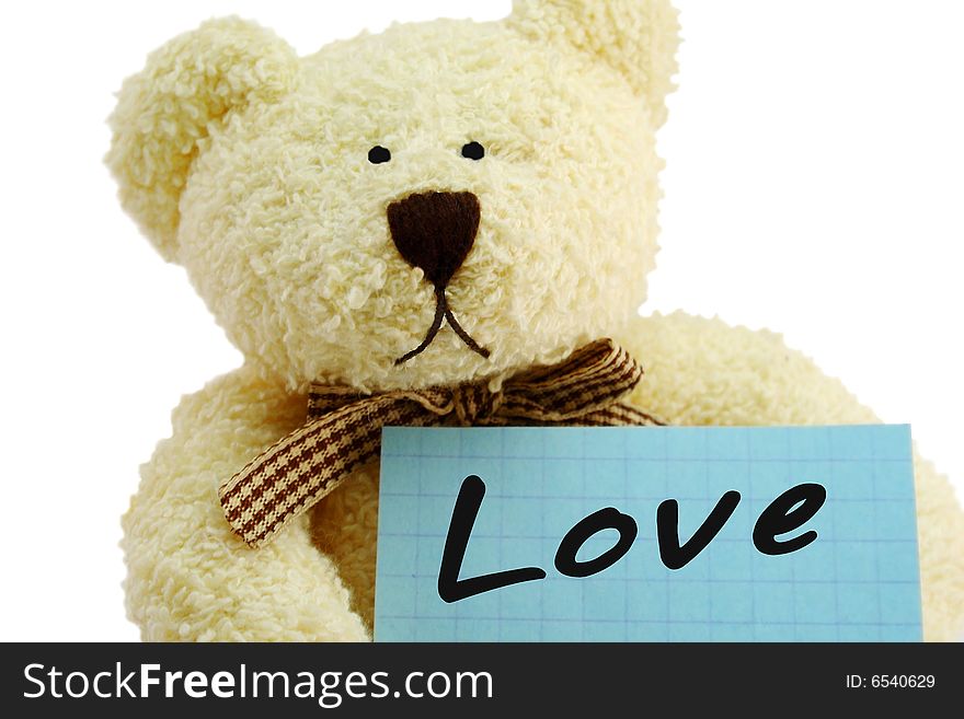 Front view of teddy bear toy with Love note, isolated on white background. Front view of teddy bear toy with Love note, isolated on white background