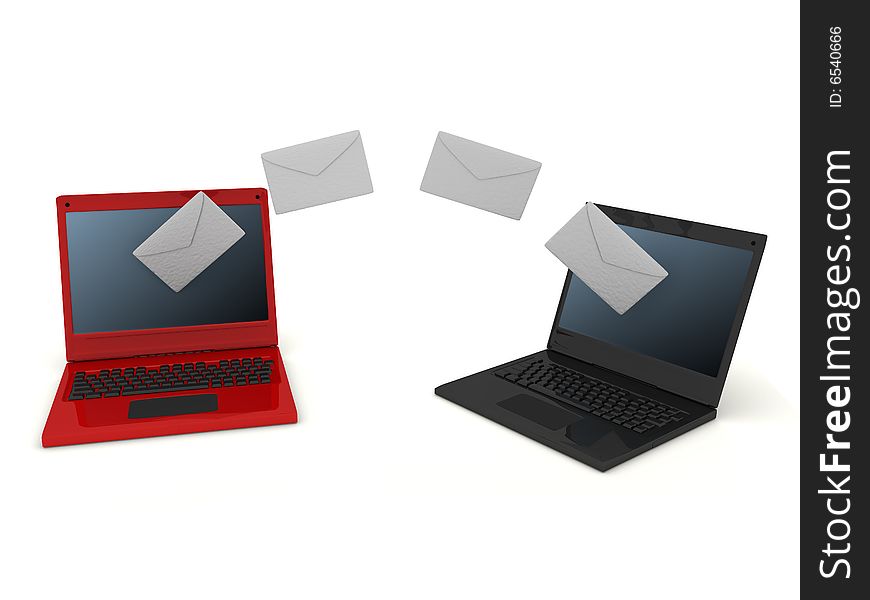 Two laptops and letters on white background. Two laptops and letters on white background