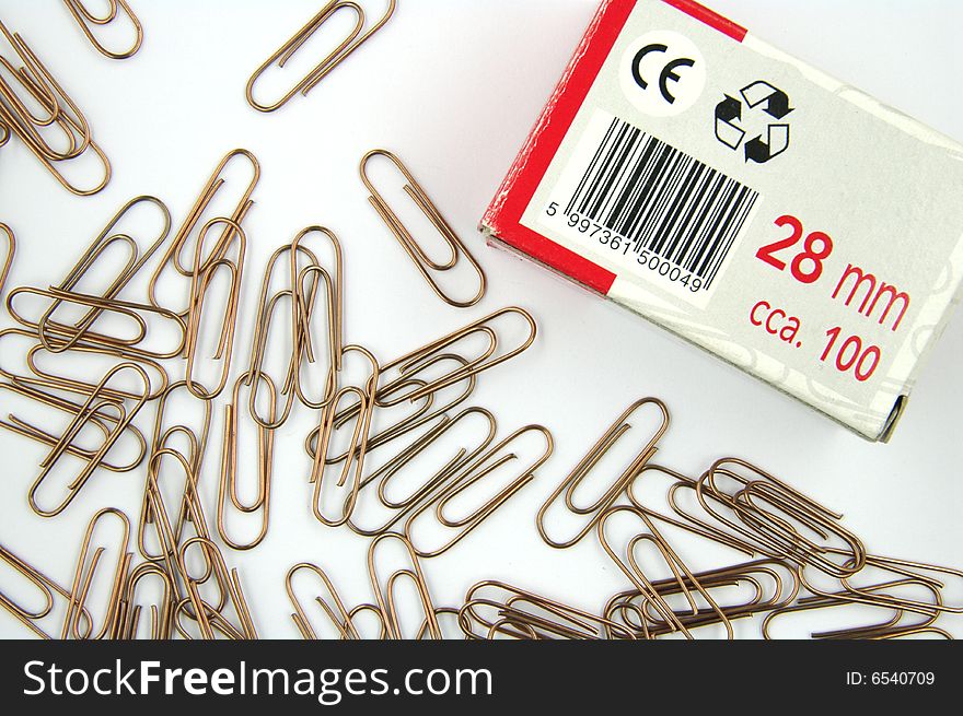 Copper writing paper clips and box. A white background.