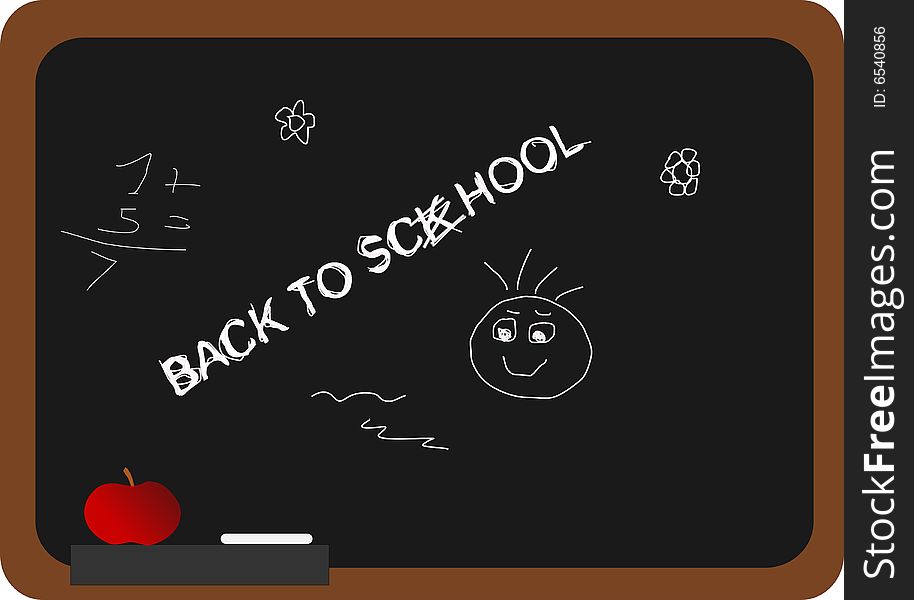 Blackboard with misspelled 'back to school' message, red apple, and other scribbles