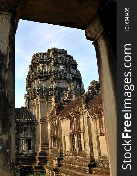 Ruins of Angkor Wat in Cambodia showing carvings on the walls