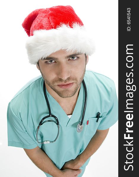 Standing doctor with stethoscope on an isolated white background