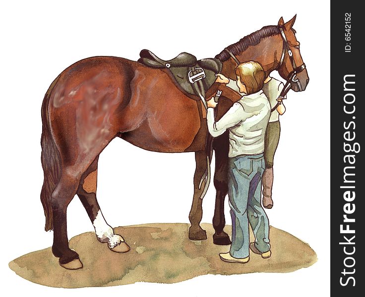 Watercolor illustration of a groom preparing her horse to ride. Watercolor illustration of a groom preparing her horse to ride