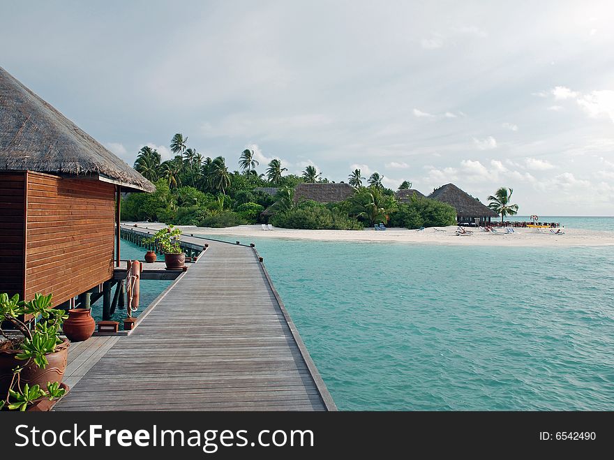 Meeru Island entry by the Jacuzzi water villa, over the lagoon approach.